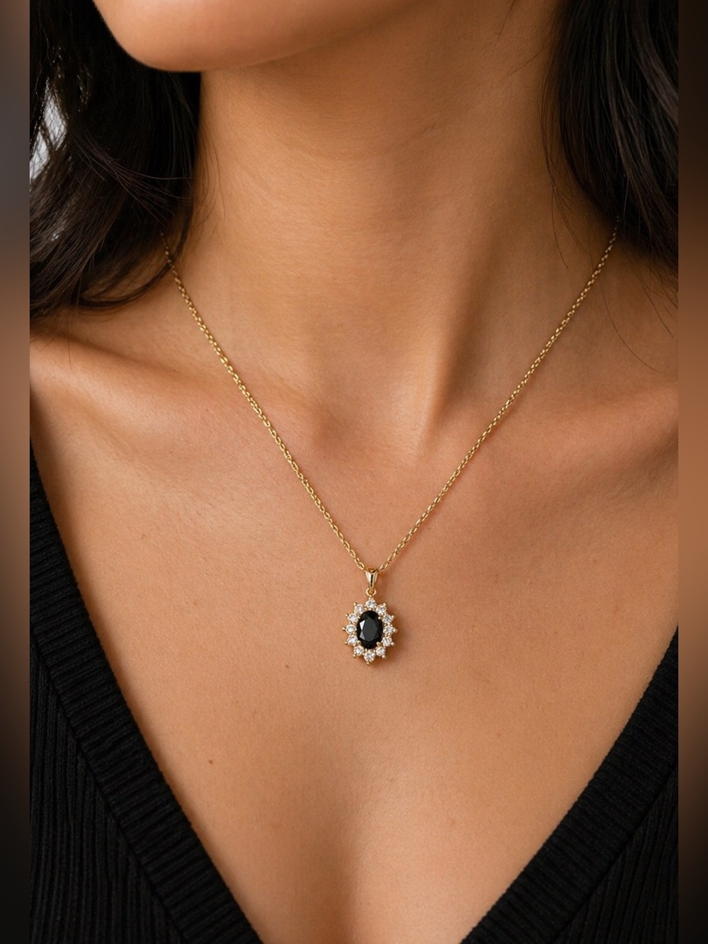 Gold Tone Black Stone Halo Pendant Necklace Vintage Crystal Accent